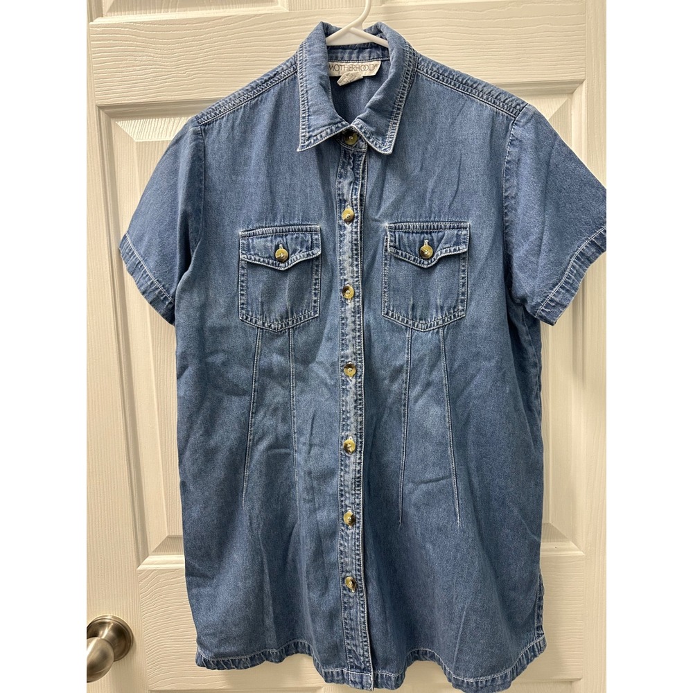 Motherhood Maternity Button Down Shirt‎ Short Sleeve Blue Cotton Size S